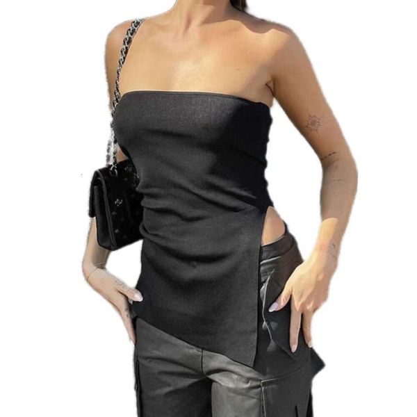 2024 Nuovo stile designer sexy Spice Girl con spalle scoperte colore puro spacco laterale donna top senza spalline