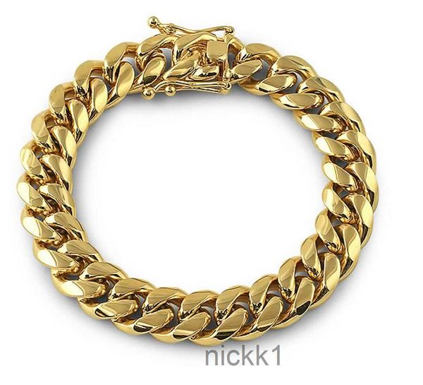 Massives 18-Karat-Gold-Edelstahl-Herren-Armband, dickes, schweres Miami-Kubanisches-Gliederketten-Armband, 8-14 mm, Armbänder für Männer, Punk-Bordstein, doppelter Sicherheitsverschluss S4E8