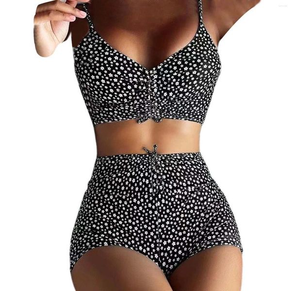 Costumi da bagno da donna Set bikini attillato estivo Casual Stampa floreale retrò Vita alta Costume da bagno Bretelle Costumi da bagno donna con coulisse