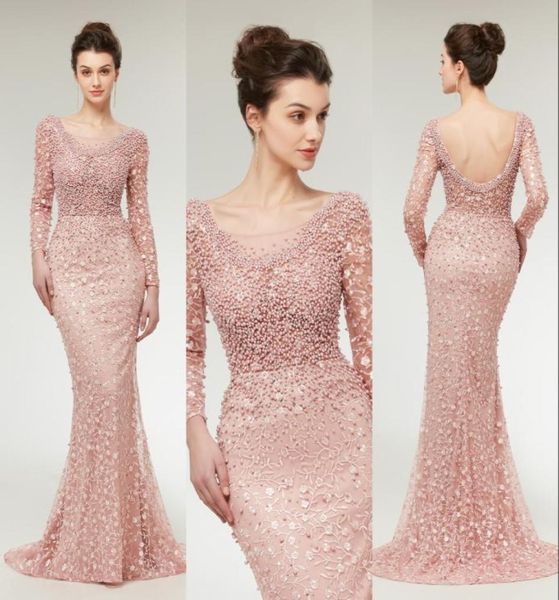 2019 Nuova immagine reale Abiti da sera rosa Indossare collo trasparente maniche lunghe Perline Perline Backless Lungo elegante abito da festa formale Prom 8032704