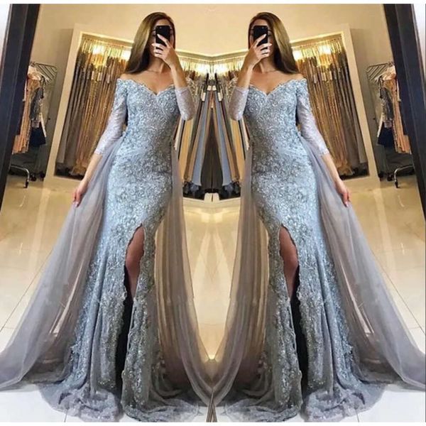 Off Split Front the Shoulder Mermaid Prom Evening Party Dresses with Overskirt Lace Appliques Neueste Sweetheart Long Sleeves Pageant Gowns Sweeart