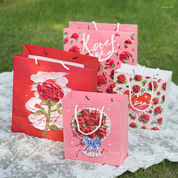 Sacos de armazenamento Pintura a óleo Tridimensional Rose Gift Bag Festivo Mão Presentes Embalagem Requintada Portátil