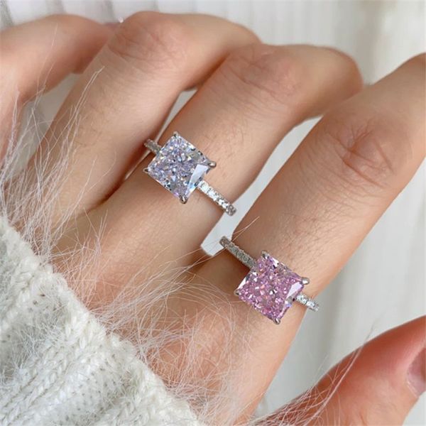 3CT SQAURE Pırlanta Tasarımcı Kadınlar İçin Çarşamba Nişan Yüzüğü Kadın Partisi 925 Sterling Gümüş 8x8mm Pink 5A Zirkonia Lüks Takı Kadın Arkadaş Hediye Kutusu Boyutu 5-9