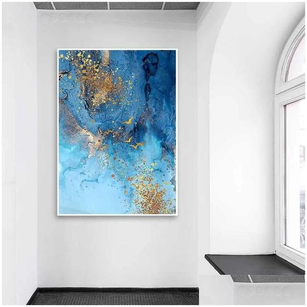 Dipinti Astratti Cielo Blu Tela Uccello Foglia Oro Stampe d'arte da parete Poster Soggiorno Decor Decorativo Consegna a domicilio Giardino Arti Dhry5