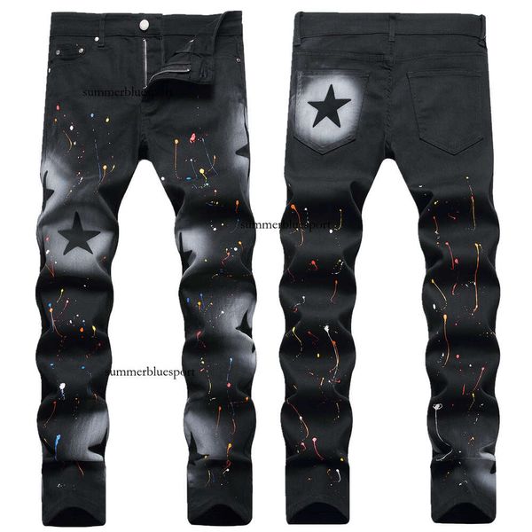 Personalisierte handbemalte Pistolenspray-Pentagramm-Farbfarbe, die elastische schwarze kleine gerade Jeans für Männer wirft
