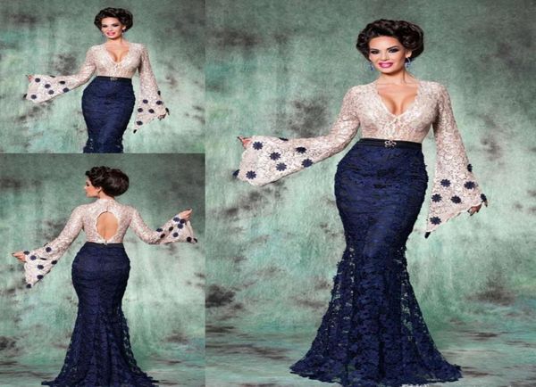 Blu navy maniche lunghe madre della sposa pizzo arabo marocchino Dubai caftano donne indossano abiti da ballo di fine anno abito da cerimonia formale8596905