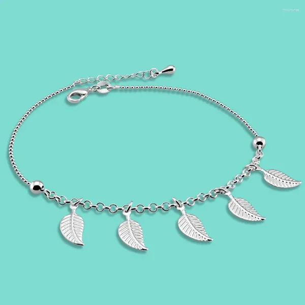 Tornozeleiras estilo clássico feminino 925 prata esterlina sólida tornozeleira folha pingente corrente 26cm tornozelo pulseira verão praia jóias