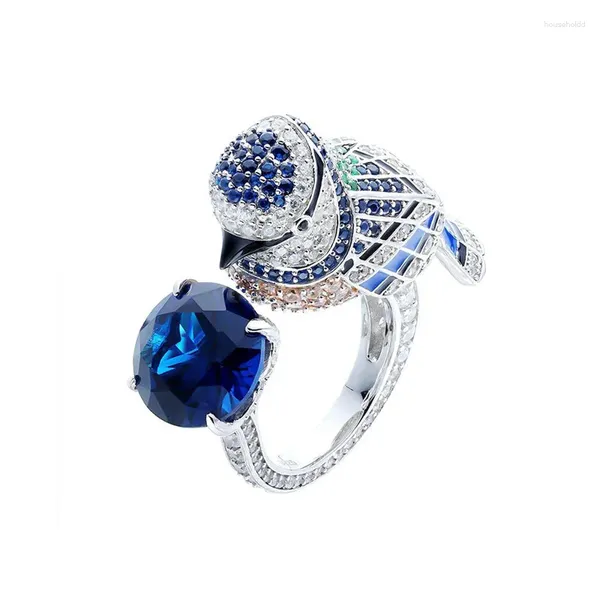 Cluster-Ringe, 925 versilberter Goldring, Diamant mit hohem Kohlenstoffgehalt, Königsblau/Baojia-Tierserie/Papagei, Vogel und Spatz, blauer Schatz