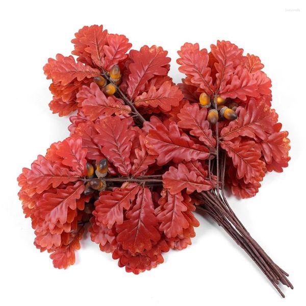 Dekorative Blumen, 12 Stück/Bündel, gummierte Eichenblätter, mehrfarbige, mit Kunststoff geklebte Fruchtblätter, 1 Bündel künstliche Zweige