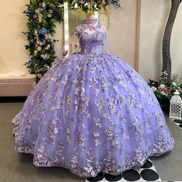 Lavendel glänzend von der Schulter Ballkleid Quinceanera Kleider Applikation Spitze Tull mit Cape Sweet 16 Korsett Vestidos De 15 Jahre