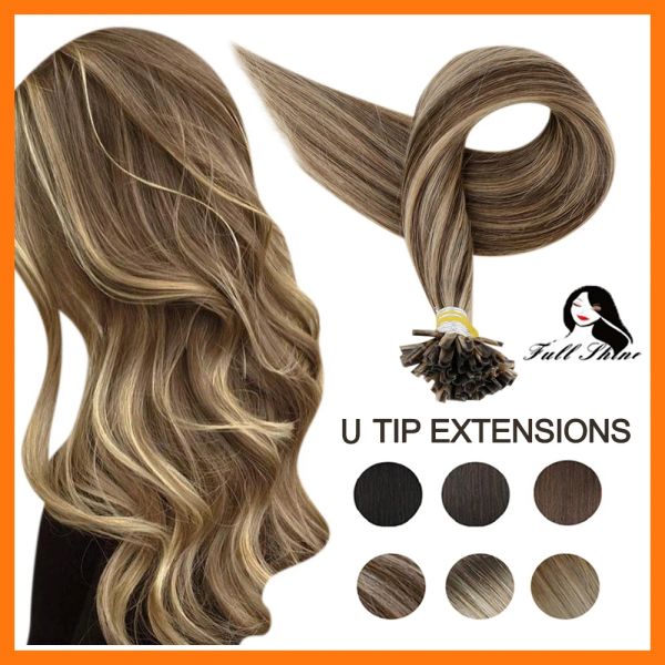 Estensioni Full Shine Estensioni dei capelli con punta per unghie Fusion Hair Balayage Colore Colla alla cheratina Perline Prebonded Punta a U Capelli umani 4050g Macchina Remy