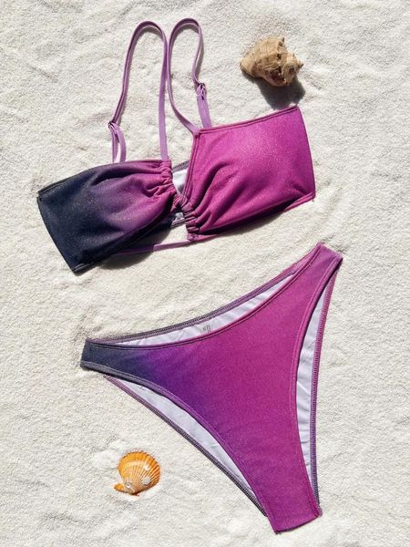 Damenbadebekleidung Sexy Bikini Push Up String Bandage Badeanzug Frauen Farbverlauf Eine Schulter Strand Badeanzug Badende Maillot de Bain