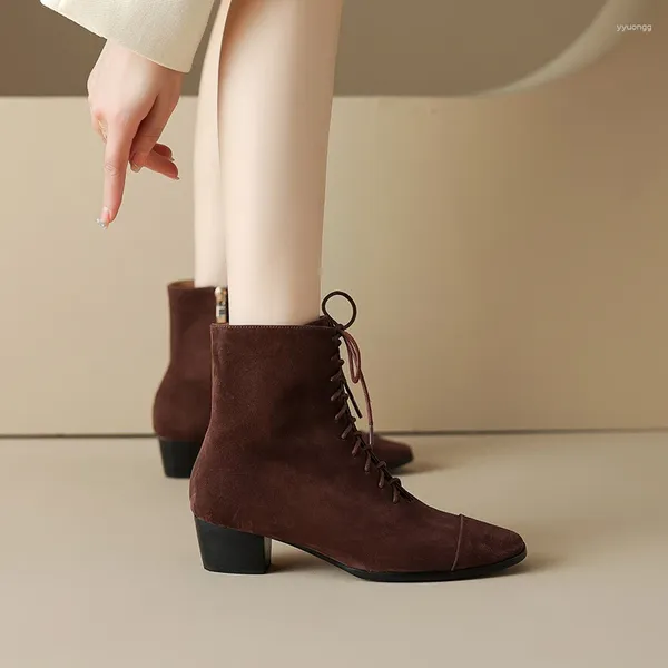 Stivali 2024 autunno inverno donna punta quadrata scarpe con tacco grosso in vera pelle stringata caviglia corta in pelle scamosciata per bambini