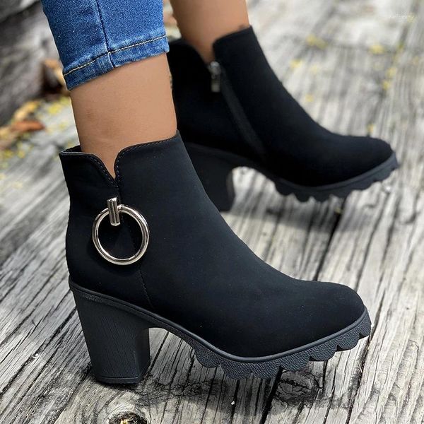 Женские ботинки до щиколотки, весна-осень 2024, черные замшевые ботинки с круглым носком на толстом каблуке, женские короткие ботинки большого размера, Botines Mujer