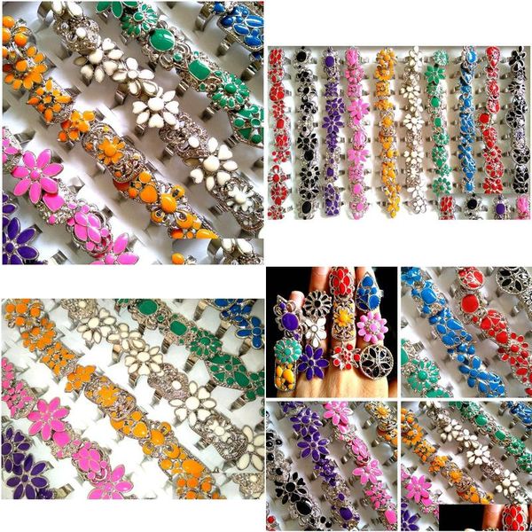 Cluster Anéis 50 Pcs Colorf Beautif Mulheres Charme Esmalte Flor Tamanho Ajustado Senhoras Meninas Festa de Aniversário Presente Atacado Jóias Dhgarden Dhuqo