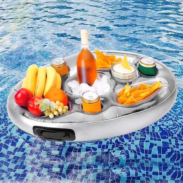 Suporte inflável para bebidas flutuantes, bandeja para bebidas com 8 furos para piscina, bandeja flutuante versátil para piscinas, banheira de hidromassagem, praia, spa, acessórios para banheira de hidromassagem, grande capacidade, flutuador de bebidas