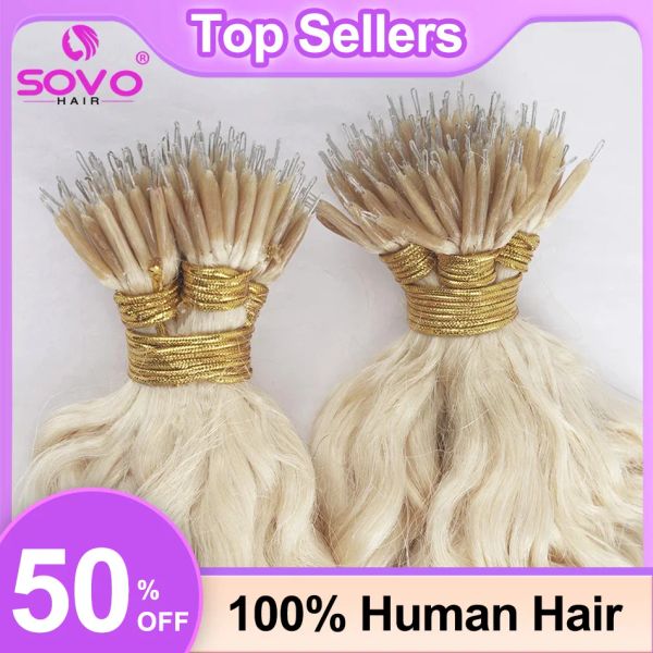 Extensões nano anéis extensões de cabelo cabelo humano real onda de água platina 60 # fusão micro contas cabelo encaracolado 0.8 g/pc microlinks cabelo natural