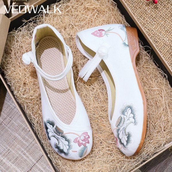 Flats Veowalk Retro Çin Nakış Kadınlar Pamuk Kumaş Düşük Üst Bale Daireler Konforlu Hafif Hafif Yürüyüş Ayakkabıları Balerin