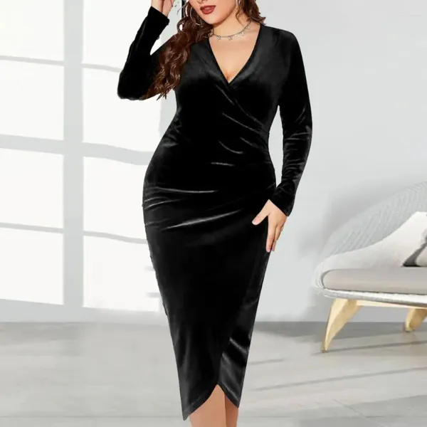 Casual Kleider Einfarbig Langarm Kleid Elegante Plus Größe Samt Kleid Für Frauen Mit V-ausschnitt Ärmeln Sexy Slim fit Herbst