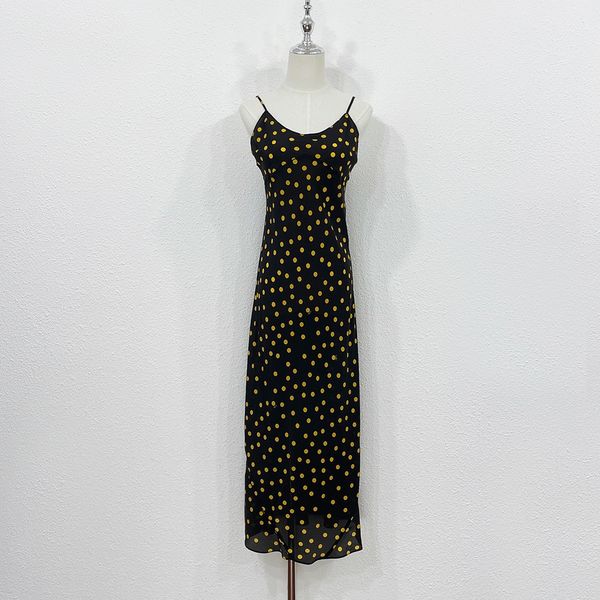 Vestido feminino marca de moda dos EUA preto de seda amarelo com estampa de bolinhas reunidas cintura deslizante vestido médio