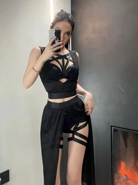 Goth clube malha sexy verão espartilhos saia conjunto feminino sem mangas preto colheita sutiã superior bandagem cuecas fenda saia 4 pçs conjuntos 240315