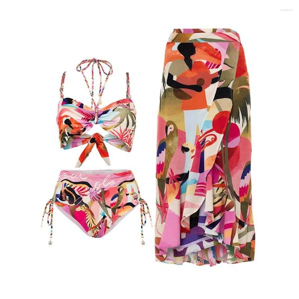 Roupa de banho feminina tropical flor e pássaro impressão biquíni 2024 moda maiô sexy férias beachwear cobrir designer maiô