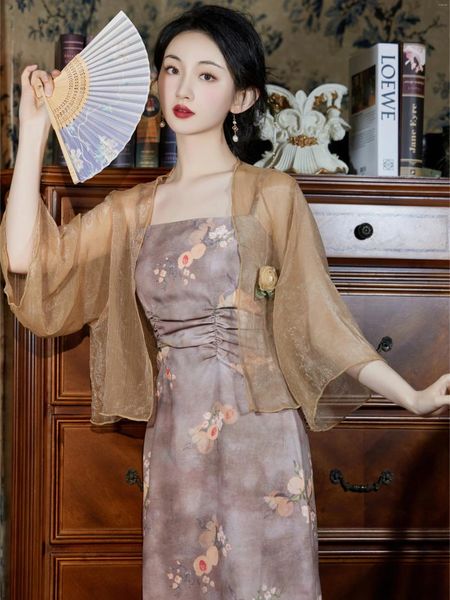 Casual Kleider Sommer Romantische Fee Kleid Frau Chinesischen Stil Spaghetti Strap Print Floral Stilvolle Elegante Party Dame Vestidos