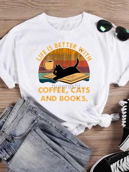 Camiseta feminina gato livros café camiseta impressa verão gráfico camiseta moda feminina manga curta dos desenhos animados 240323