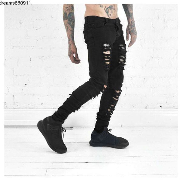 Nuovi jeans da uomo strappati per uomo Skinny Distressed Slim Designer Biker Hip Hop Swag Nero {category}