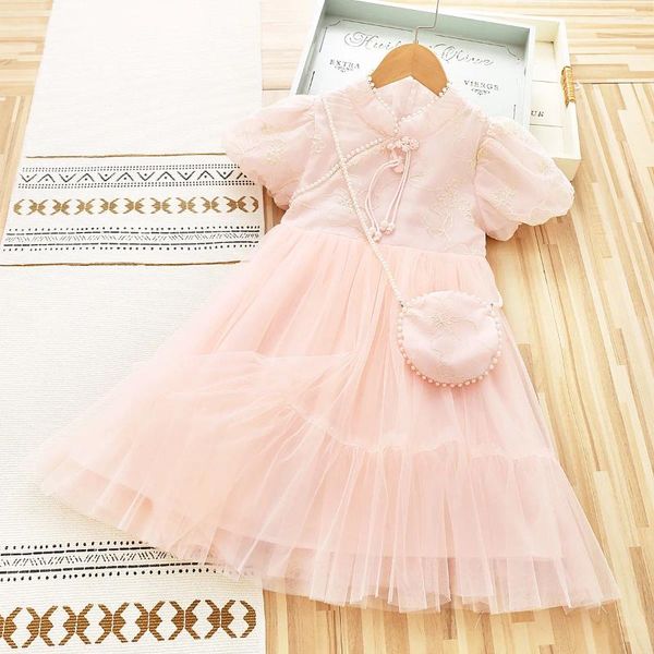 Vestidos de menina meninas qipao princesa verão 2024 estilo doce chinês pérola botão malha bolha manga crianças vestido com saco