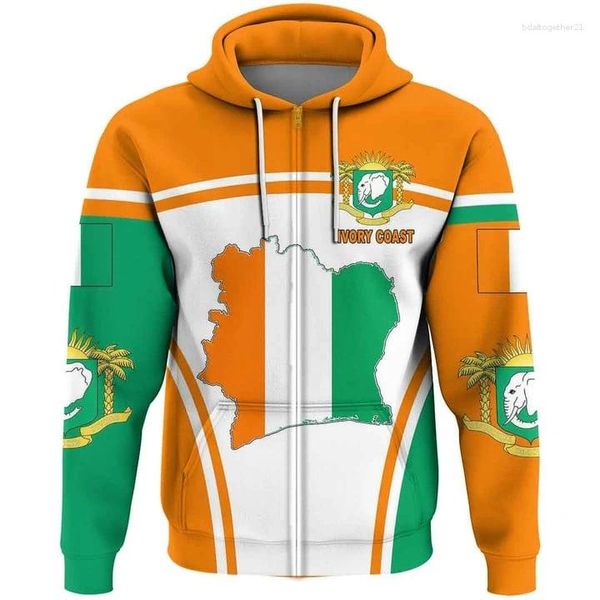 Herren Hoodies Elfenbein Karte Flagge Reißverschluss für Männer Kleidung Afrika Zone National Emblem Trainingsanzug Tier Elefant Pullover Frauen Tops