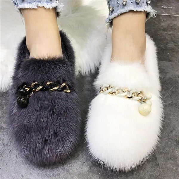 Casual Schuhe Mode Weiß Frauen Wohnungen Ketten Mokassins Echt Nerz Pelz Winter Warme Loafer Espadrilles Damen Plattform