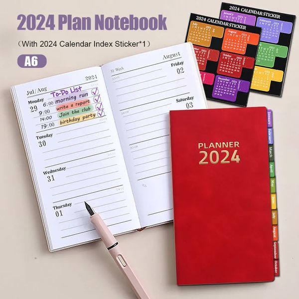 2024 Planner Notebook A6 Agenda Notepad 365 dias Página interna em inglês com adesivo de índice de calendário Plano diário Material escolar de escritório 240311