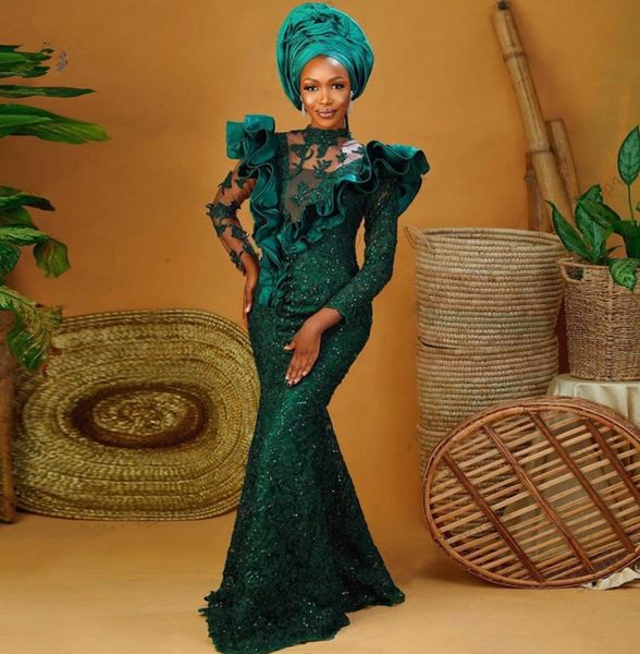 Hunter Verde Aso Ebi Estilo Vestidos de Baile Mangas Compridas Sereia Africano Vestido de Noite Ruffled Lace Elegante Nigeriano Formal Gowns6501473