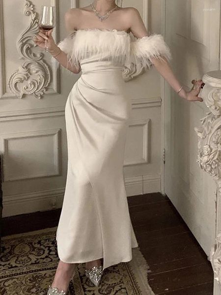 Повседневные платья Вечернее платье Женское элегантное длинное женское винтажное вечернее платье с перьями на свадьбу с открытыми плечами Vestidos Largos