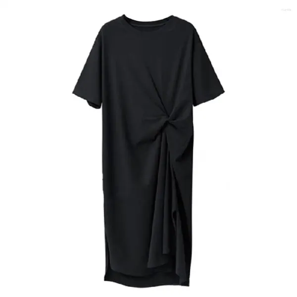 Vestidos de festa cor sólida vestido longo lado split trabalho elegante mulheres verão midi com o-pescoço design ruched para casual