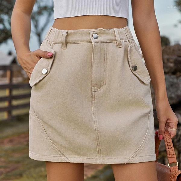 Юбки женские, джинсовая короткая юбка с высокой резинкой на талии, лето 2024, винтажная модная однотонная мини-юбка с двойными карманами