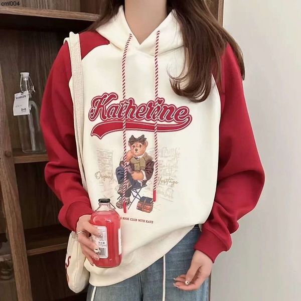 Lettera del tatuaggio tridimensionale in cotone coreano di abbigliamento femminile primaverile?Felpa con cappuccio con inserimento spalla ampia pullover aderente con orsacchiotto Cartoon Jn8z