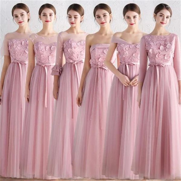 Abiti da festa Abito da damigella d'onore in tulle con applicazioni rosa arrossato Abito da sposa principessa a linea multistrato con maniche lunghe