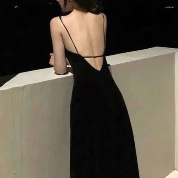 Vestidos casuais espaguete cinta para mulheres sólido simples backless sexy senhoras roupas de férias verão praia estilo chique fino macio preto