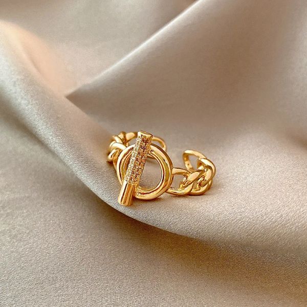 Juwang moda simples cor de ouro luxo minoria design índice dedo anel temperamento feminino zircão círculo geométrico jóias