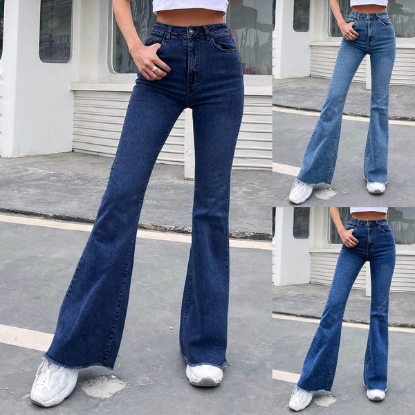 Jeans da donna a vita alta primavera e autunno gamba larga elastica con cuciture sottili pantaloni svasati in denim allenamento da jogging