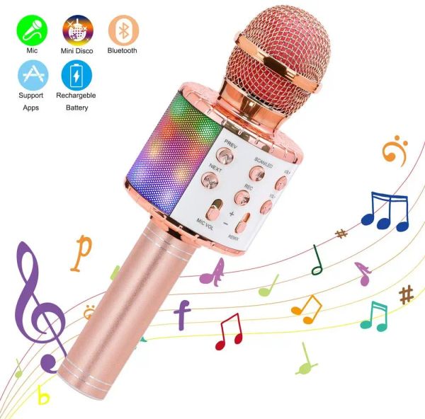 Alto -falantes Wireless Karaoke Microfone Bluetooth Handheld Portable Speaker Home KTV Player com Função de registro de luzes LED da dança para crianças