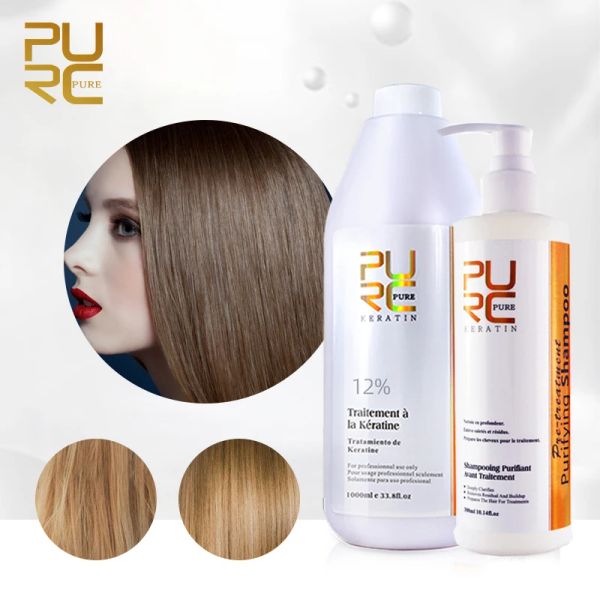 Behandlungen PURC 1000 ml brasilianisches Schokoladen-Keratin-Behandlung, 12 % Formaldehyd, glättendes Haarprodukt und 300 ml reinigendes Shampoo, Haarpflege