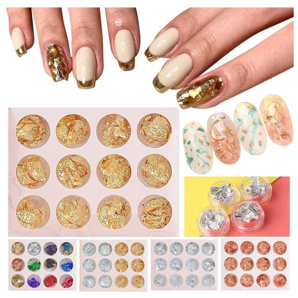 Decorazioni per nail art Decalcomanie per il calcio Adesivo 3d Metallo colorato 12 pezzi Decalcomania lamina Flake Oro Argento Strass di cristallo per le unghie