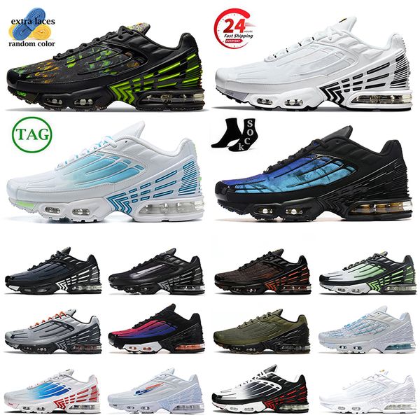 Novo Designer Tn Plus 3 Tuned Running Shoes Clássico OG Tns Utility Triplo Preto Branco Laser Azul Obsidian Aqua Volt Tnplus Mens Mulheres Runner Sneakers Outdoor Tamanho 46