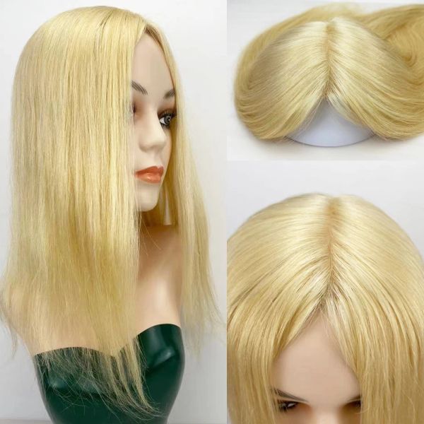 Toppers 10A European Virgin Long Human Hair Topper 15X15CM Hautbasis #613 Blonde Frauen Topper Perücken Feines Haarteil Toupet mit 4 Clip-Ins