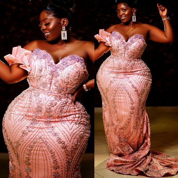 2024 Aso Ebi Rosa Sereia Vestido de Baile Frisado Lantejoulas Luxuoso Noite Formal Festa Segunda Recepção 50º Aniversário Vestidos de Noivado Vestidos Robe De Soiree ZJ49