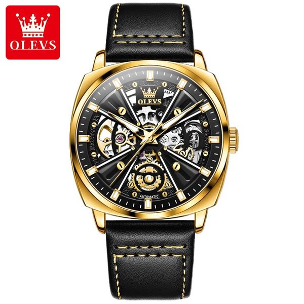 Olevs 6685 casual tourbillon moda cinto de couro moda relógios clássicos para homens automático mecânico 12 horas relógio de pulso de designer de luxo