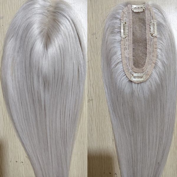Toppers Hellgrauer Haaraufsatz, Echthaar, Haarteile, 13 x 15 cm, 816 Zoll, glattes Haar, Spitze + Maschinenremy-Haarspangen für Frauen-Toupet